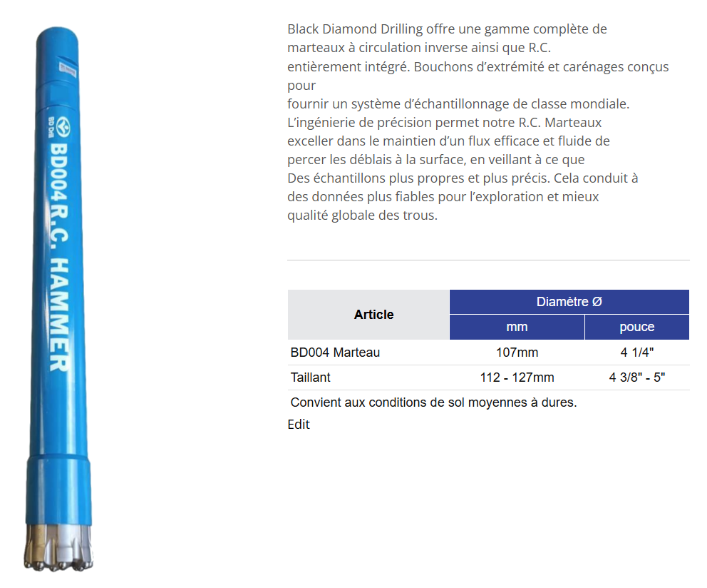 Black Diamond Drilling Informations sur le marteau à circulation inverse BD004