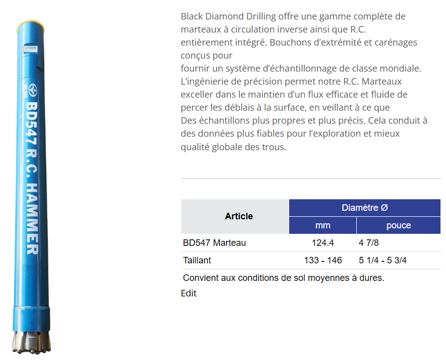 Black Diamond Drilling Informations sur le marteau à circulation inverse BD547