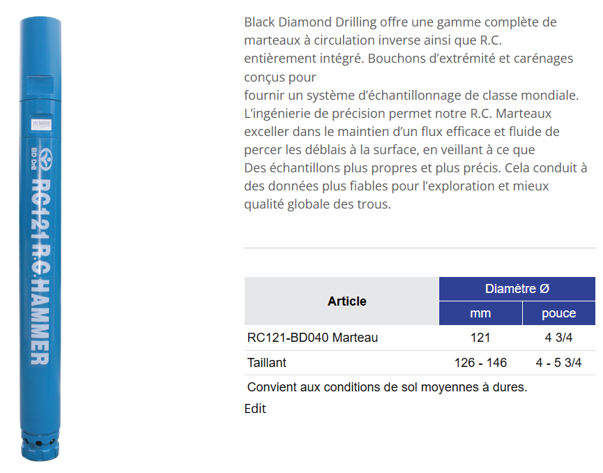 Black Diamond Drilling Marteau à circulation inverse RC121 BD040